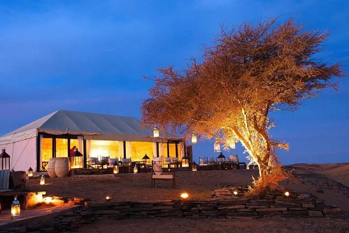 A lit dining tent and a tree strung with lights in a desert camp at dusk
