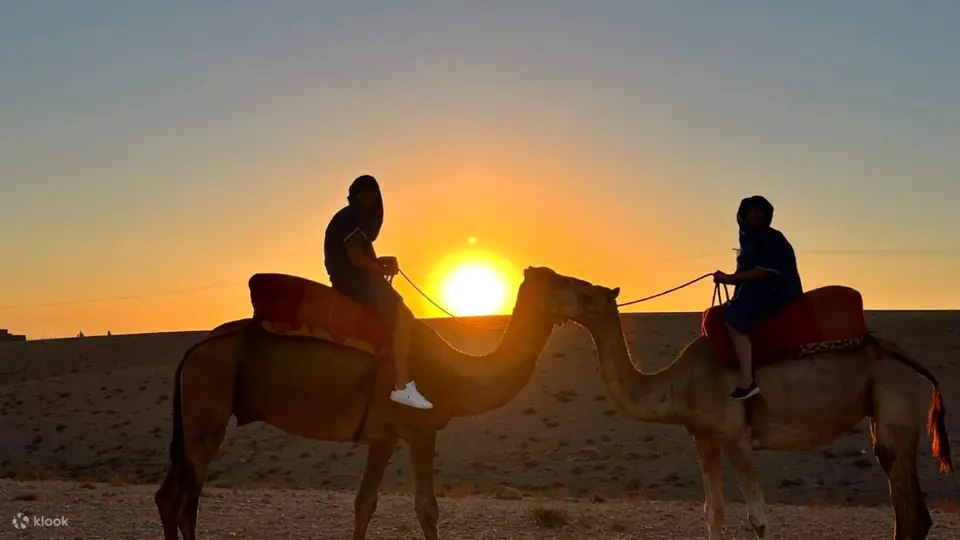 Two riders on camels in silhouette against the setting sun