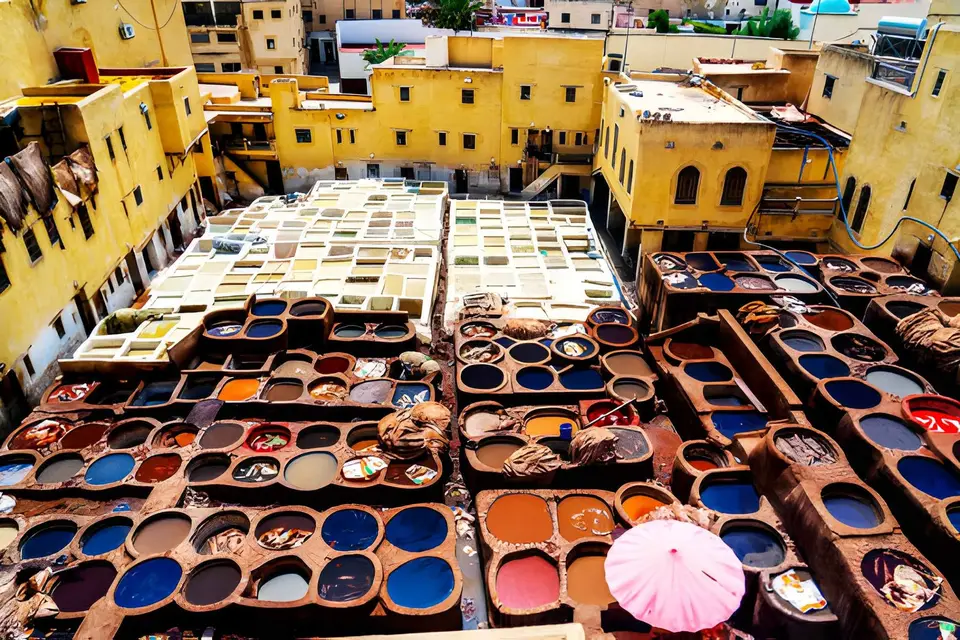 The tannery dye pits in Fes, seen from the terraces above