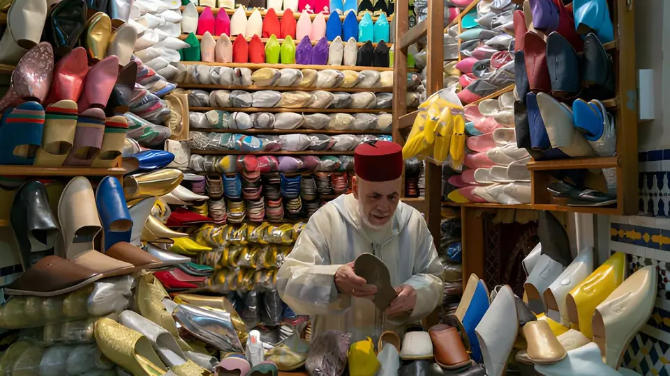 A slipper seller in a red fez among stacks of leather babouches
