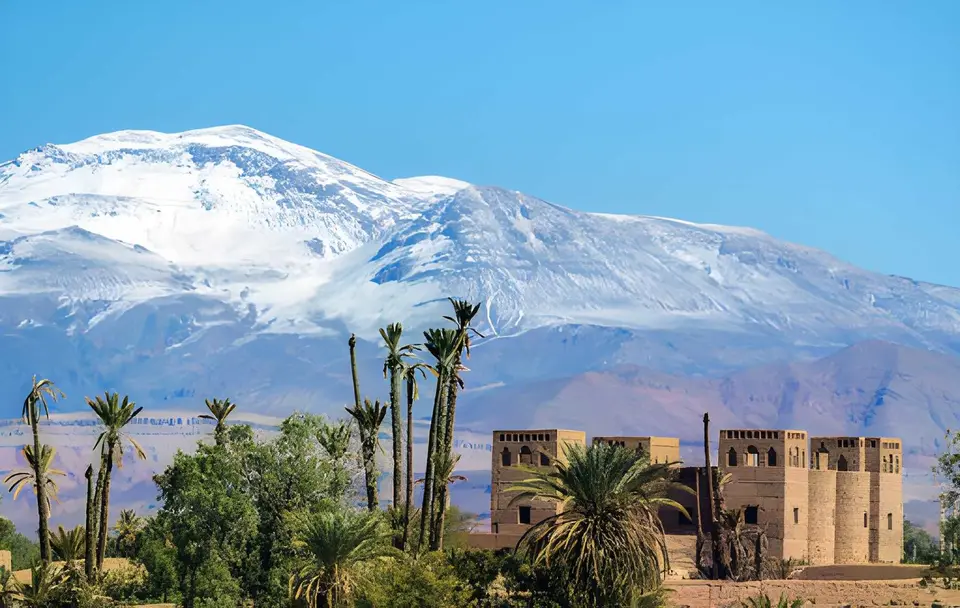 Snow on the High Atlas behind palm trees and the walls of a kasbah